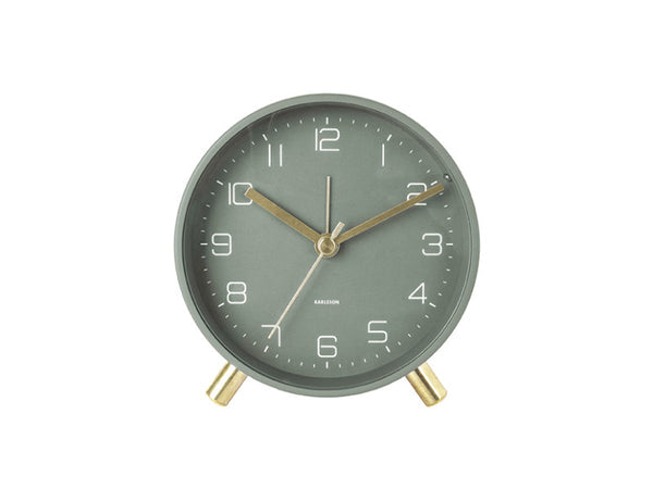 Karlsson Lofty Alarm Clock in green with gold legs, angled view