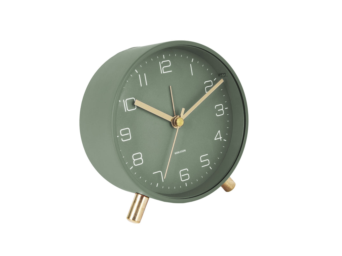 Karlsson Lofty Alarm Clock in green, front view with gold hands