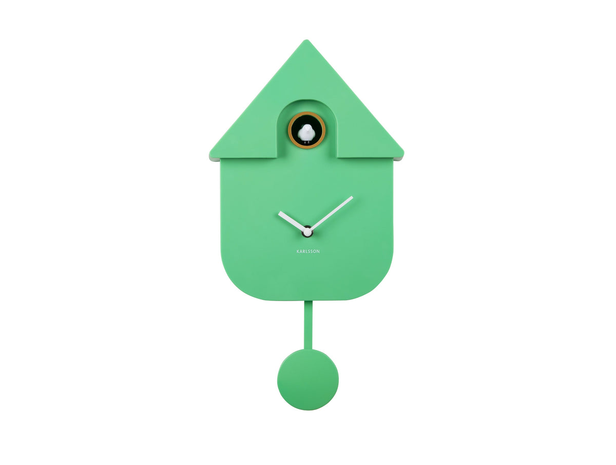 Karlsson Modern Cuckoo Clock in Bright Green, front view with pendulum on a white background