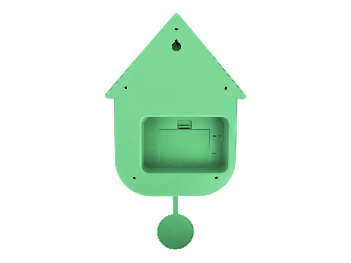 Karlsson Modern Cuckoo Clock in Bright Green, rear view showing the battery compartment and pendulum