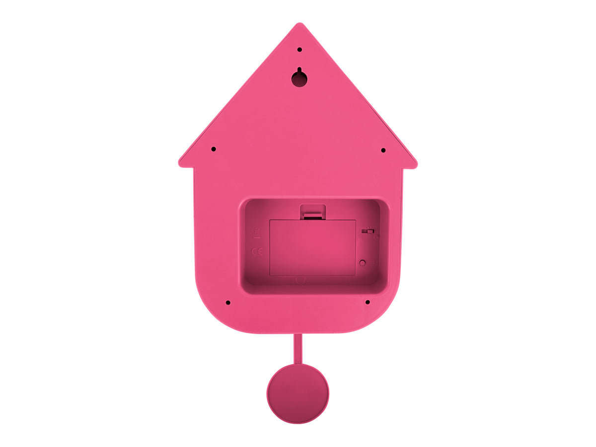 Karlsson Modern Cuckoo Clock in Bright Pink, rear view showing the battery compartment and pendulum