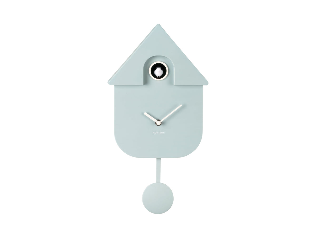 Karlsson Modern Cuckoo Clock in Soft Blue, front view with pendulum on a white background