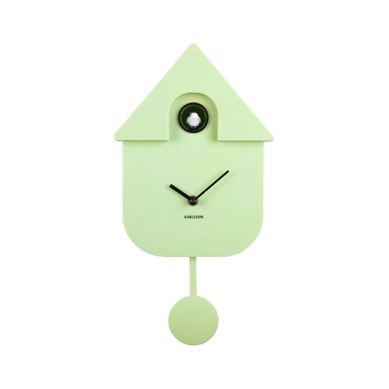 Karlsson Modern Cuckoo Clock in Soft Green, front view with pendulum on a white background