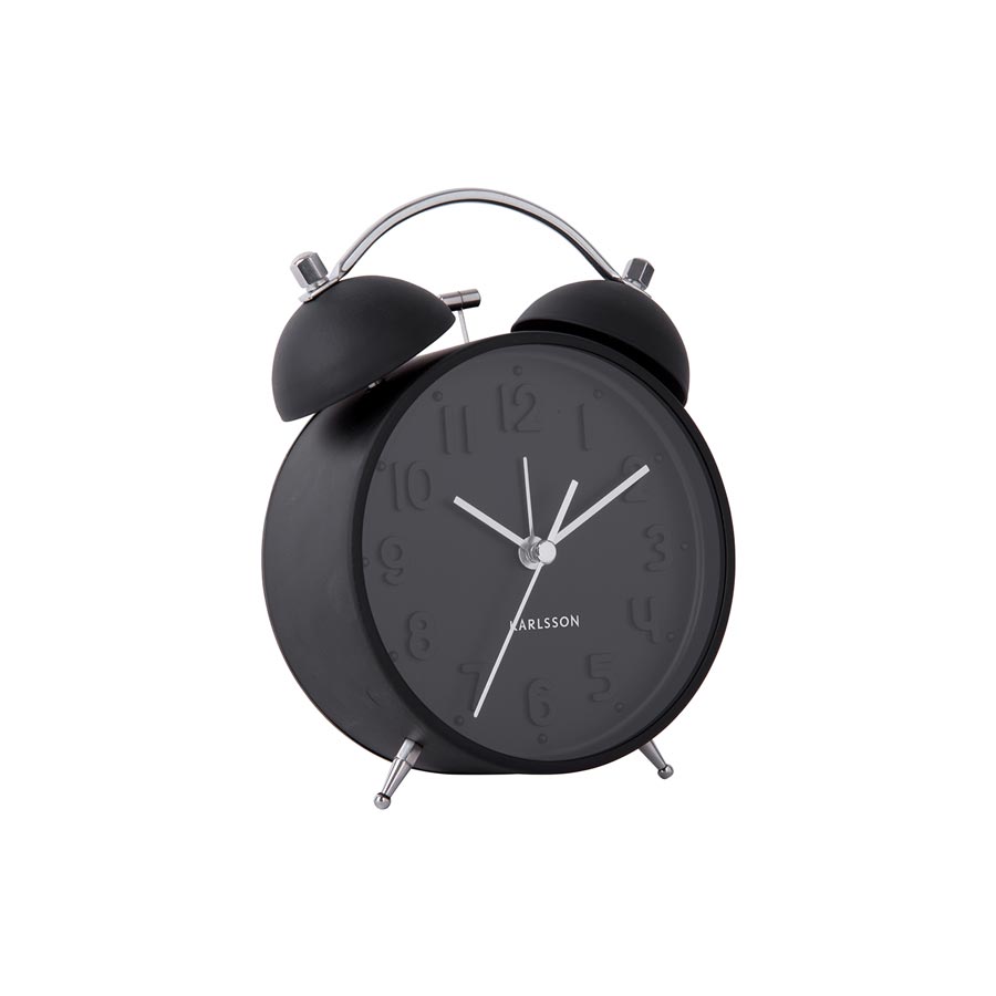Karlsson Iconic twin bell alarm clock in Black, angled on a white background