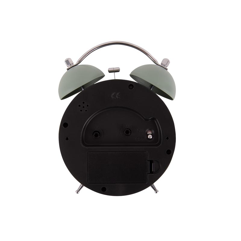 Back view of the Black Iconic alarm clock showing its twin bells and rear panel