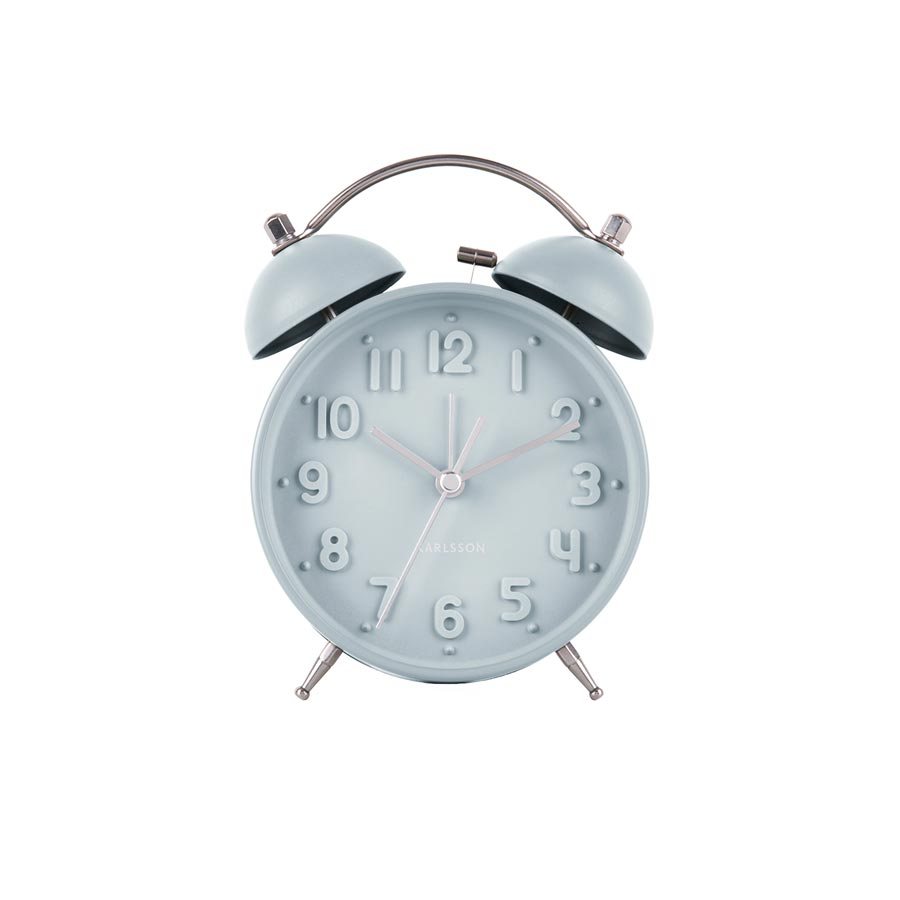 Front view of the Light Blue Iconic alarm clock with raised numerals and twin bells