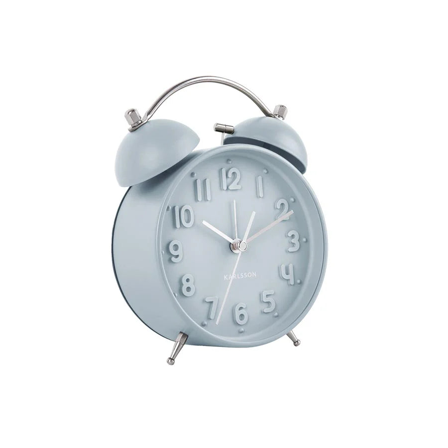 Karlsson Iconic twin bell alarm clock in Light Blue, angled on white