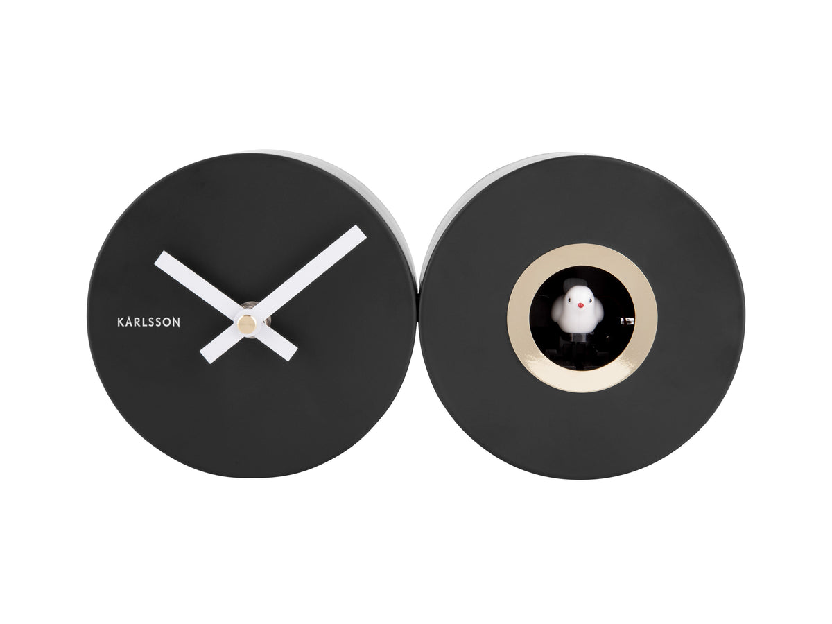 Karlsson Duo Cuckoo Clock in Matte Black, modern birdsong wall clock