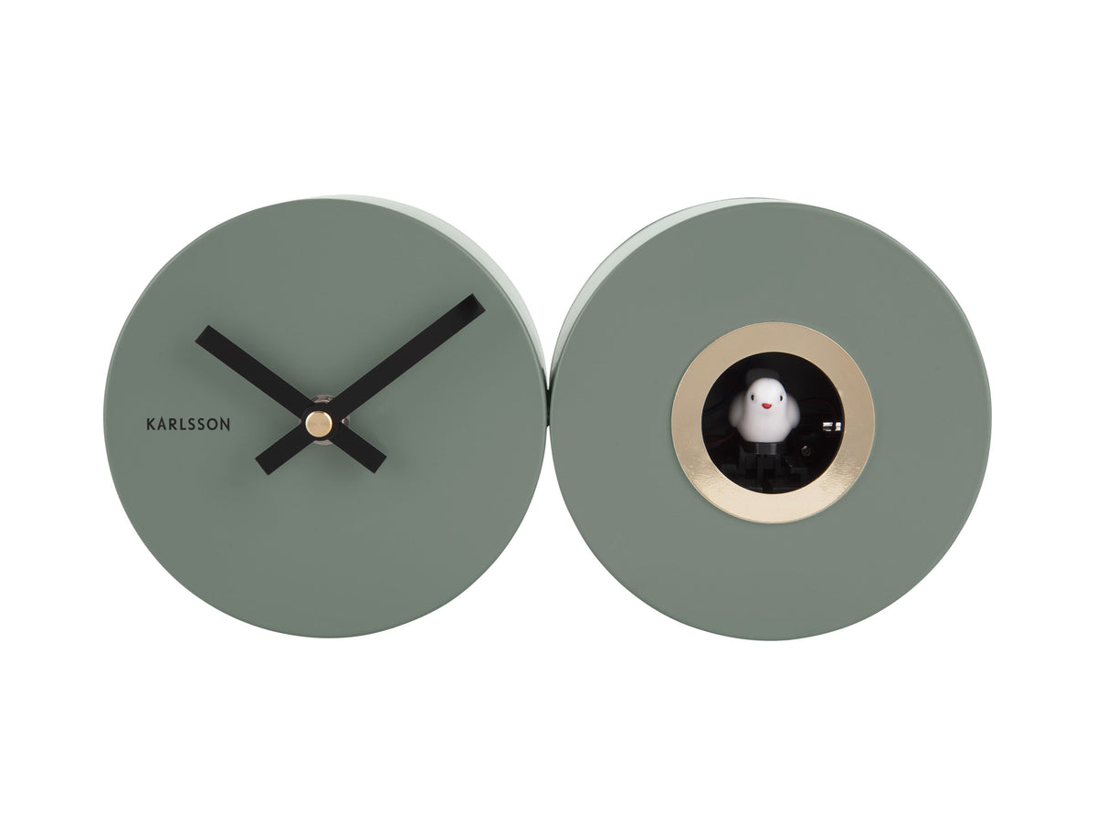 Karlsson Duo Cuckoo Clock in Matte Green, modern birdsong wall clock