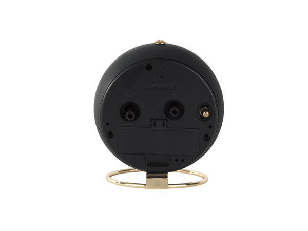 Rear view of the Black Globe alarm clock on its gold ring stand