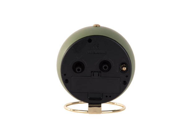 Rear view of the Moss Green Globe alarm clock showing the battery compartment