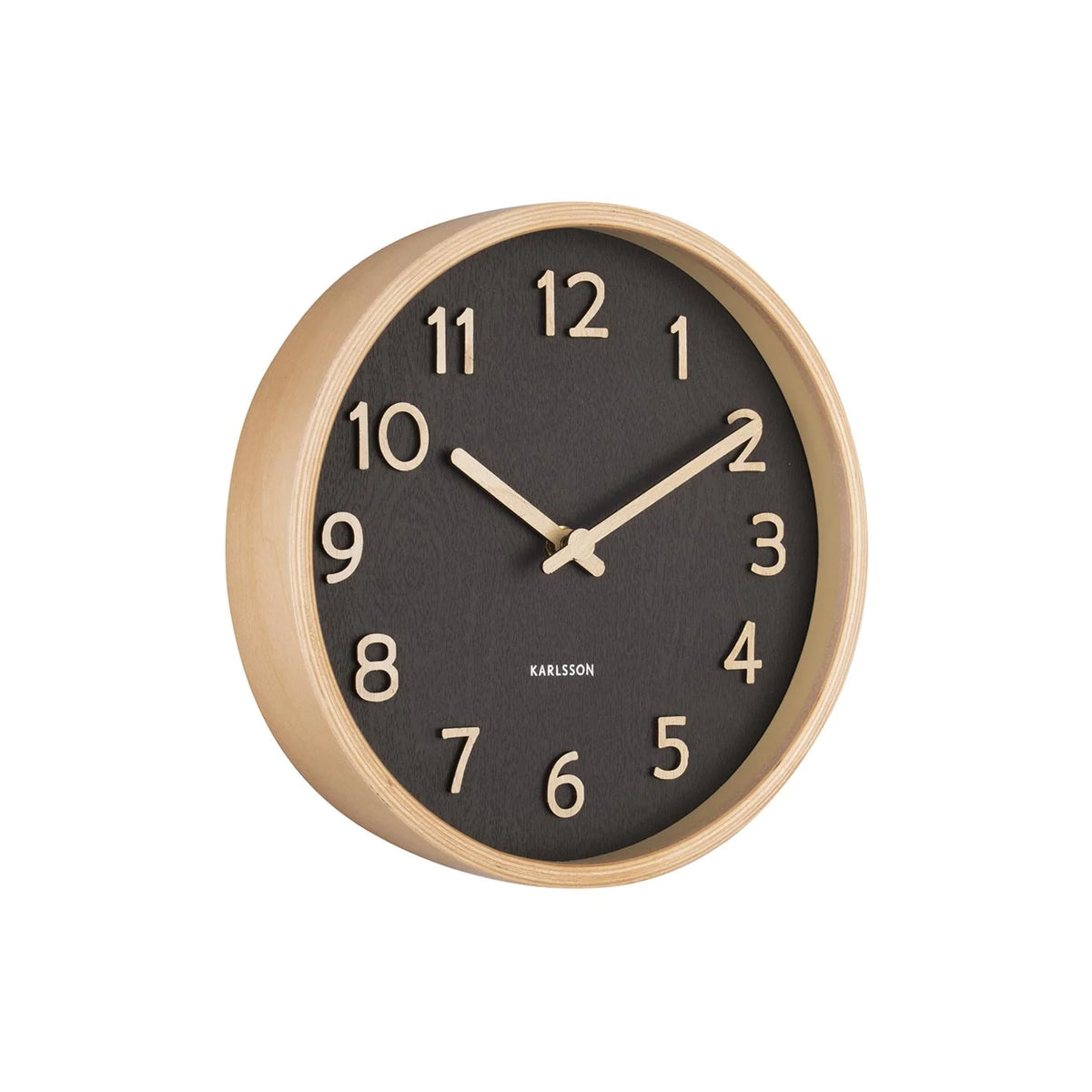 Karlsson Pure Wall Clock in black, angled view of the basswood frame