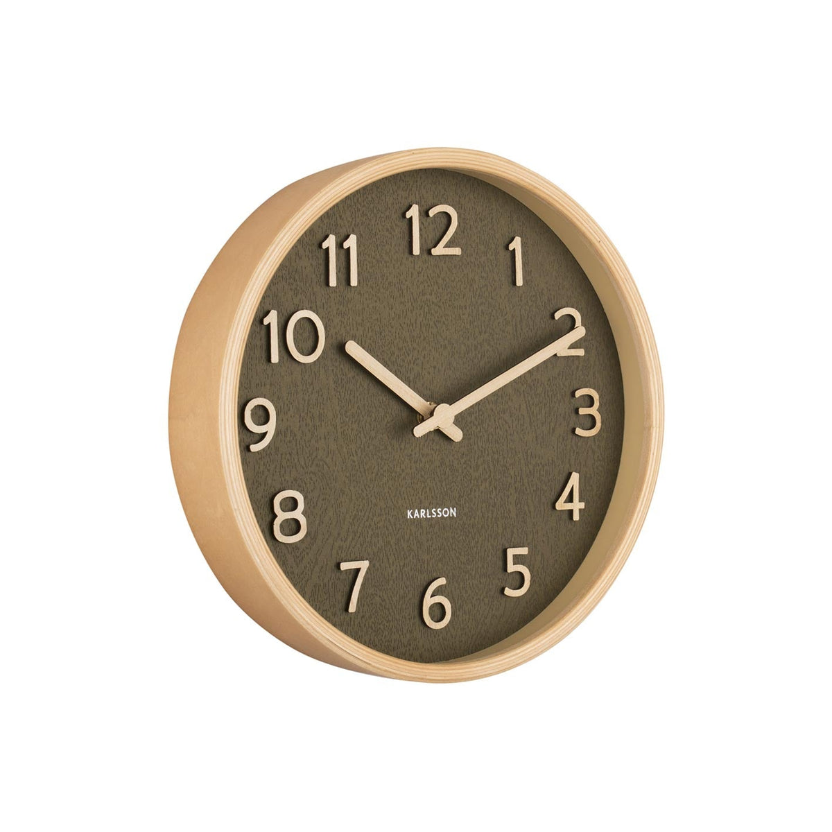 Karlsson Pure Wall Clock in moss green, angled view of the basswood frame