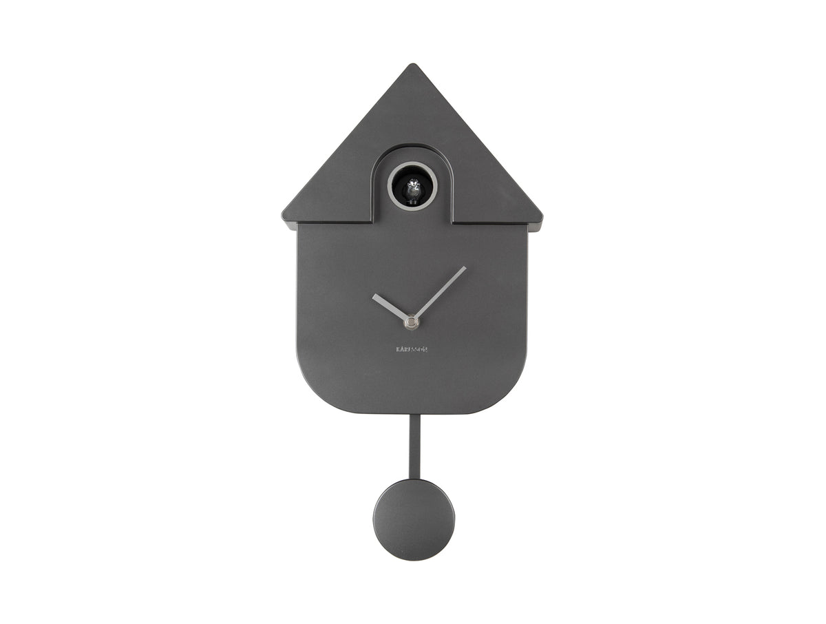 Karlsson Modern Cuckoo Clock in Metallic Dark Grey, front view with pendulum on a white background