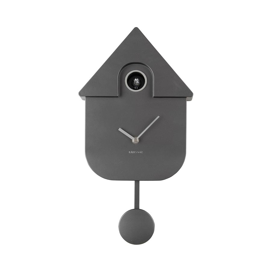 Karlsson Modern Cuckoo Clock in Metallic Dark Grey, front view with pendulum on a white background