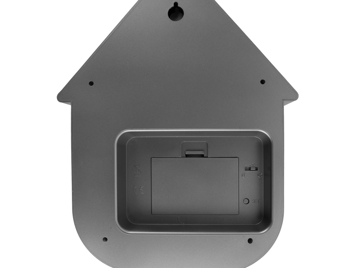 Karlsson Modern Cuckoo Clock in Metallic Dark Grey, rear view showing the battery compartment