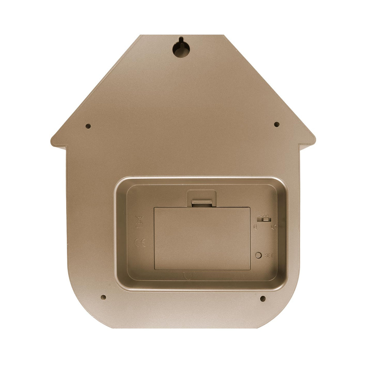 Karlsson Modern Cuckoo Clock in Metallic Rose Gold, rear view showing the battery compartment