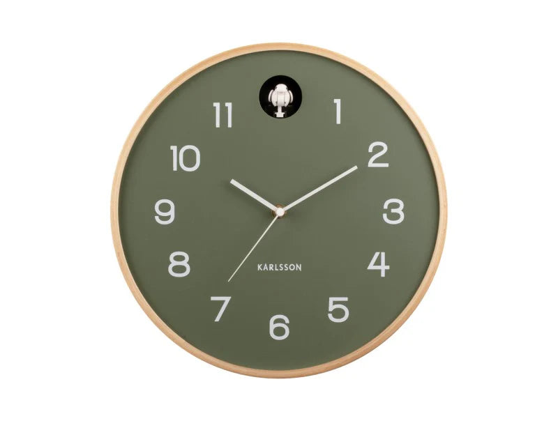 Karlsson Natural Cuckoo Clock with jungle green face and birch rim, front view