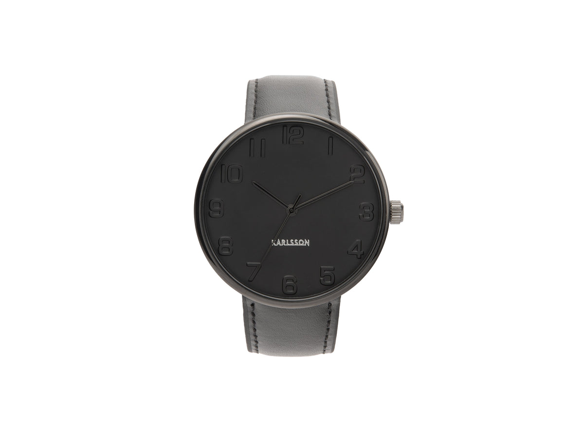 Karlsson Mr Black Steel watch with a black case, black dial and grey leather strap, front view