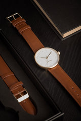 Karlsson Mr White Steel men's watch with gold-toned case, white dial and tan leather strap