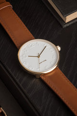 Karlsson Mr White Steel men's watch with gold-toned case, white dial and tan leather strap