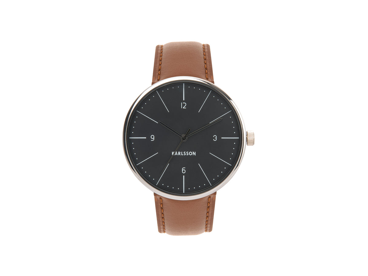 Karlsson Normann watch with a black dial, silver case and tan leather strap, front view