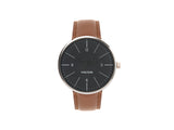 Karlsson Normann mens watch in black with tan leather strap and silver casing