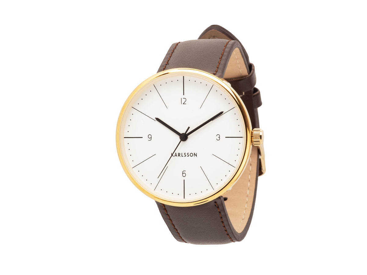 Karlsson Normann watch with a white dial and gold case, shown at an angle