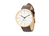 Karlsson Normann mens watch in white with chocolate leather strap and gold casing