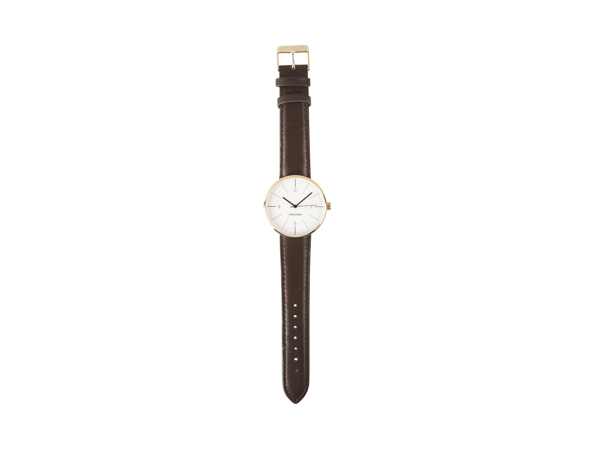 Karlsson Normann watch with a white dial photographed flat with the brown leather strap extended