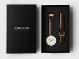 Karlsson Normann mens watch in white with chocolate leather strap and gold casing
