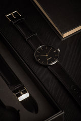 Karlsson Minimal men's watch in black with black case and black leather strap
