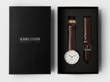 Karlsson Minimal men's watch in white with silver case and chocolate brown leather strap