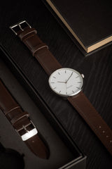 Karlsson Minimal men's watch in white with silver case and chocolate brown leather strap