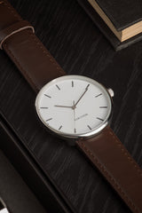 Karlsson Minimal men's watch in white with silver case and chocolate brown leather strap