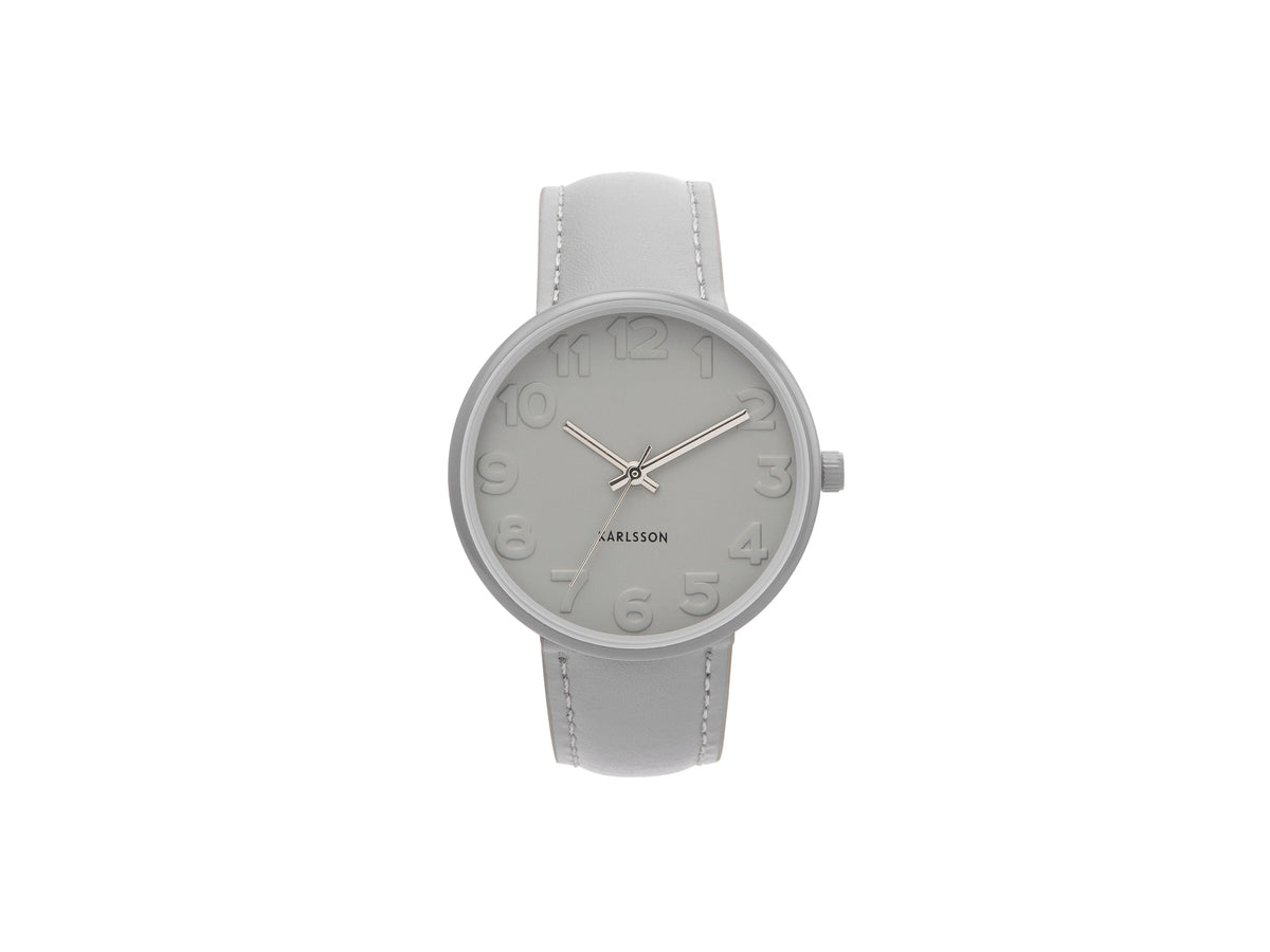 Karlsson Ms Grey watch with a matte grey case, grey dial and grey leather strap, front view