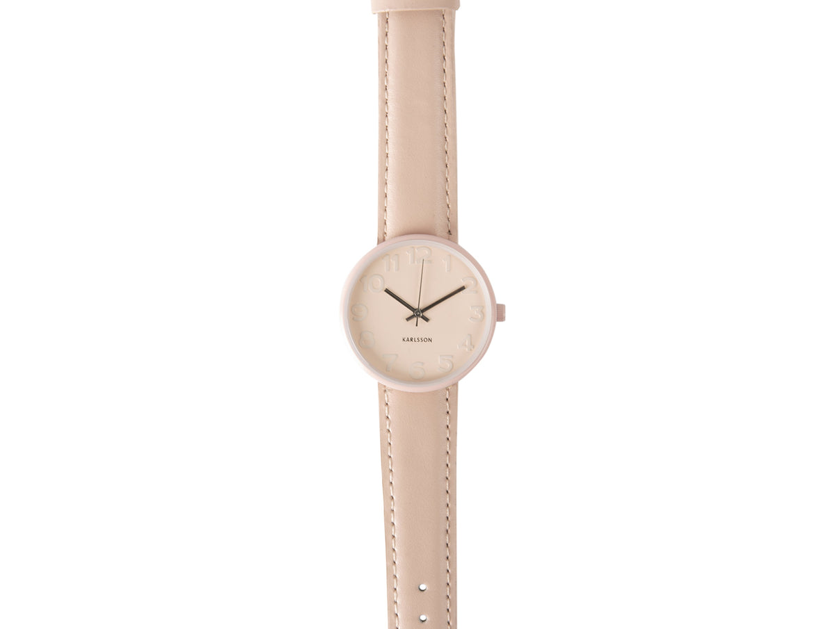 Karlsson Ms Pink watch with a blush case, pink dial and pink leather strap, front view