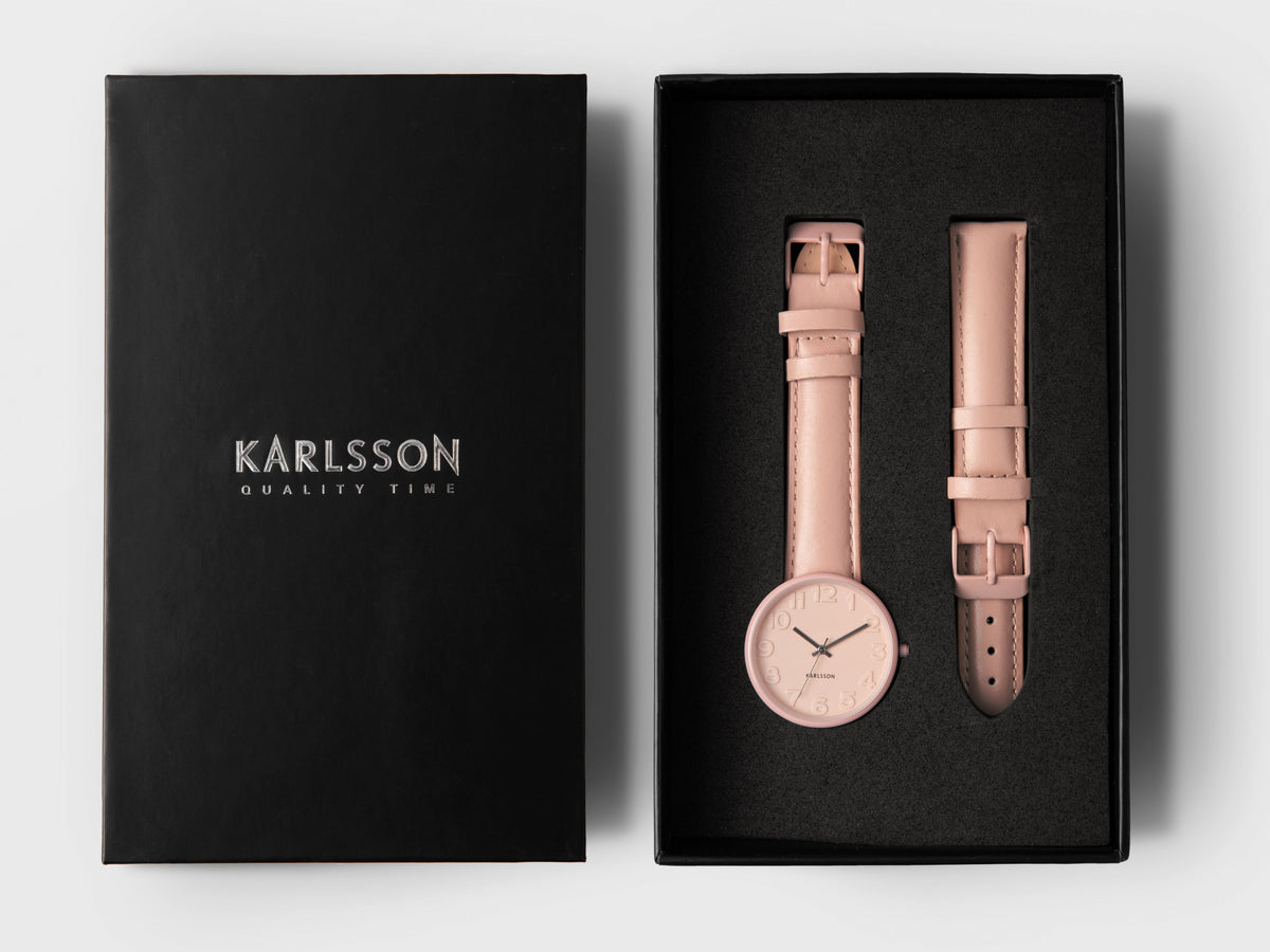 Karlsson Ms Pink watch in its black Karlsson presentation box with a spare pink leather strap