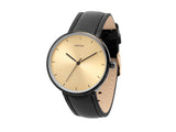 Karlsson Finesse women's watch with black case and gold dial on black leather strap