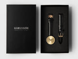 Karlsson Finesse women's watch with black case and gold dial on black leather strap