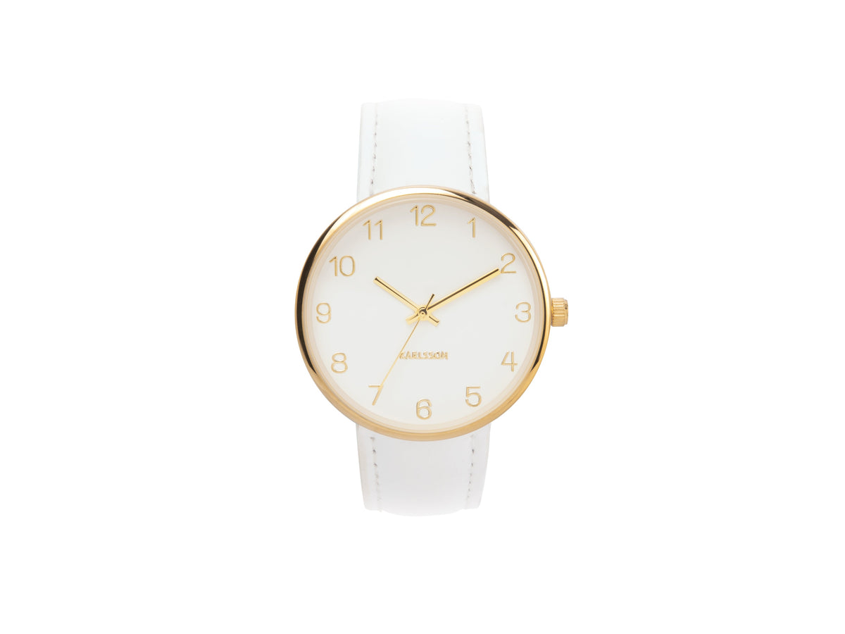 Karlsson Charm watch with a gold case, white dial and white leather strap, front view