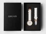Karlsson Charm gold watch with white leather strap and white dial
