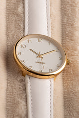 Karlsson Charm gold watch with white leather strap and white dial