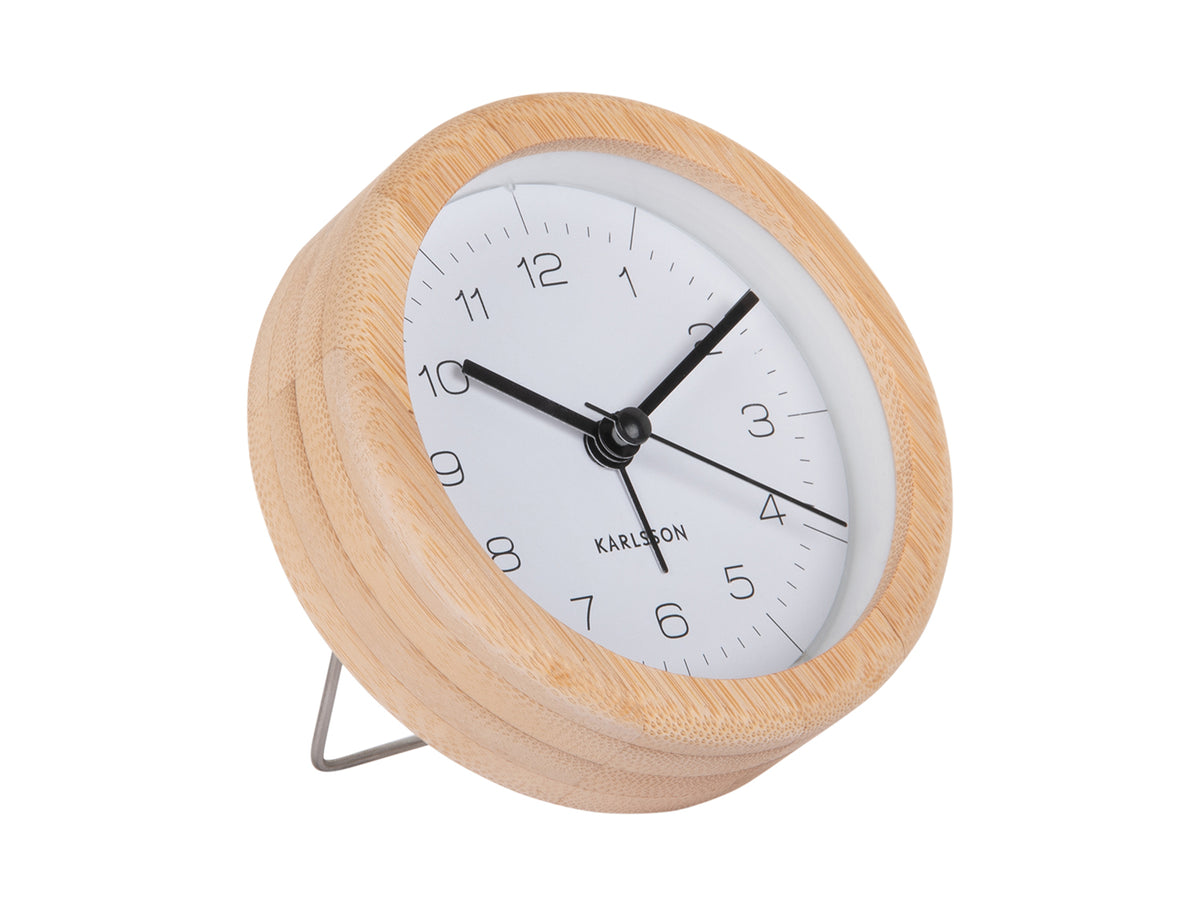 Karlsson Neat Round Bamboo Alarm Clock in white on a white background