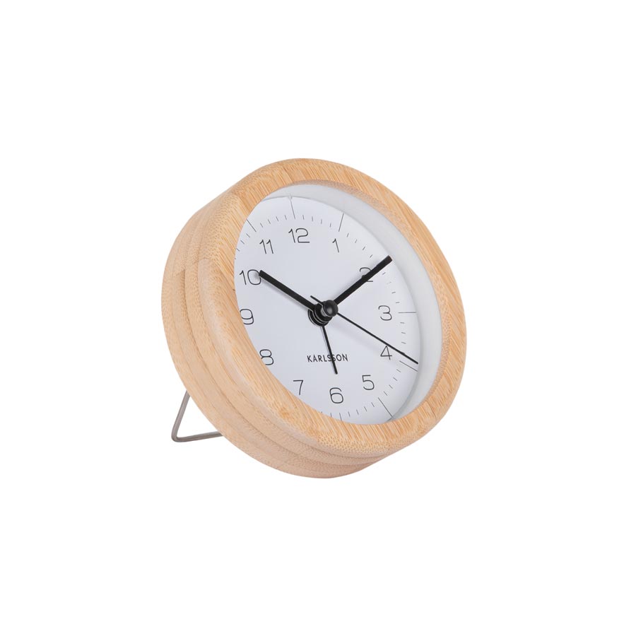 Karlsson Neat Round Bamboo Alarm Clock in white on a white background
