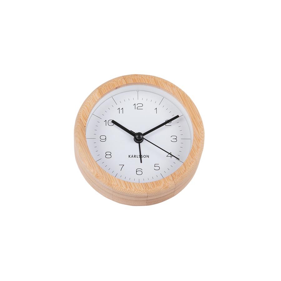 Karlsson Neat Round Bamboo Alarm Clock, close detail of the bamboo frame