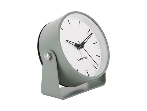 Karlsson Calm Alarm Clock in Greyed Jade, angled on its stand against a white background