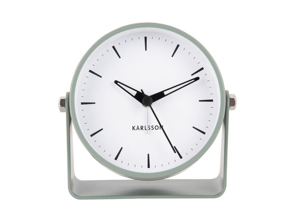 Front view of the Greyed Jade Karlsson Calm alarm clock with white dial