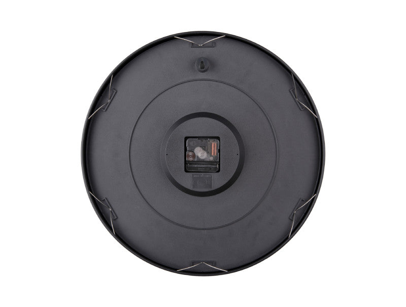 Back of the clock showing the movement housing and battery compartment on a white background