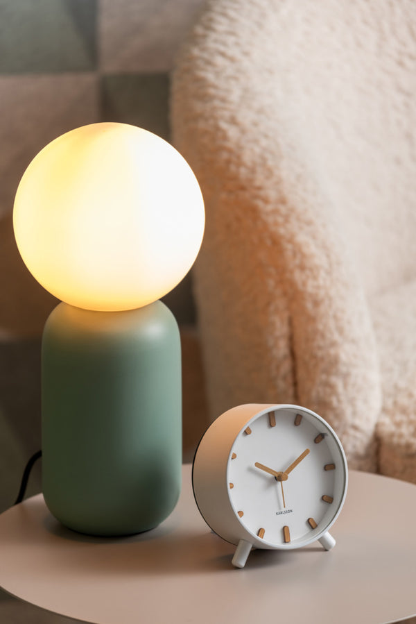 Karlsson Grace Alarm Clock in white, detail of the face and wood-look markers
